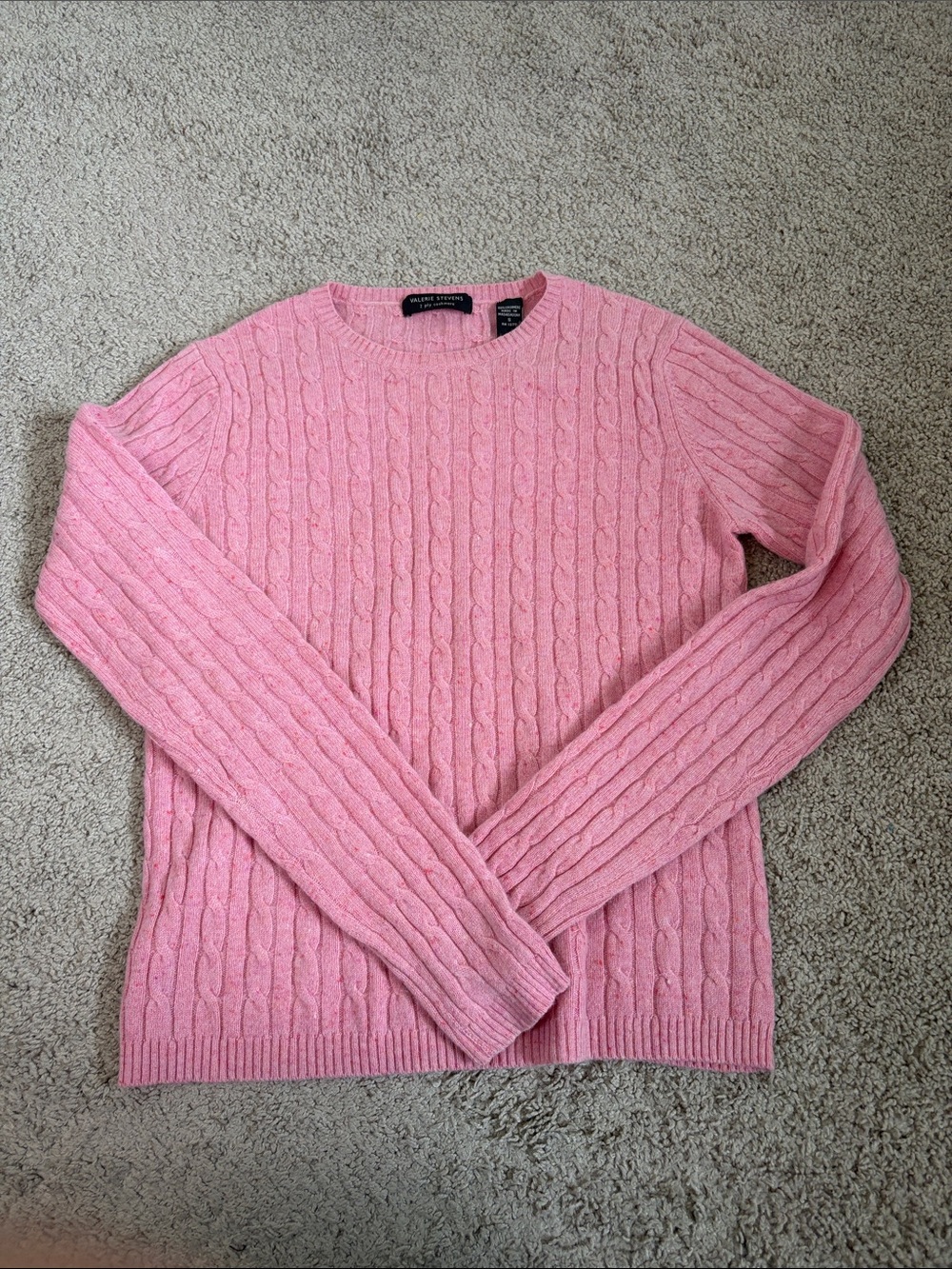 Valerie Stevens Pink Cable Knit 2 Ply Cashmere Long Sleeve Sweater S Preppy